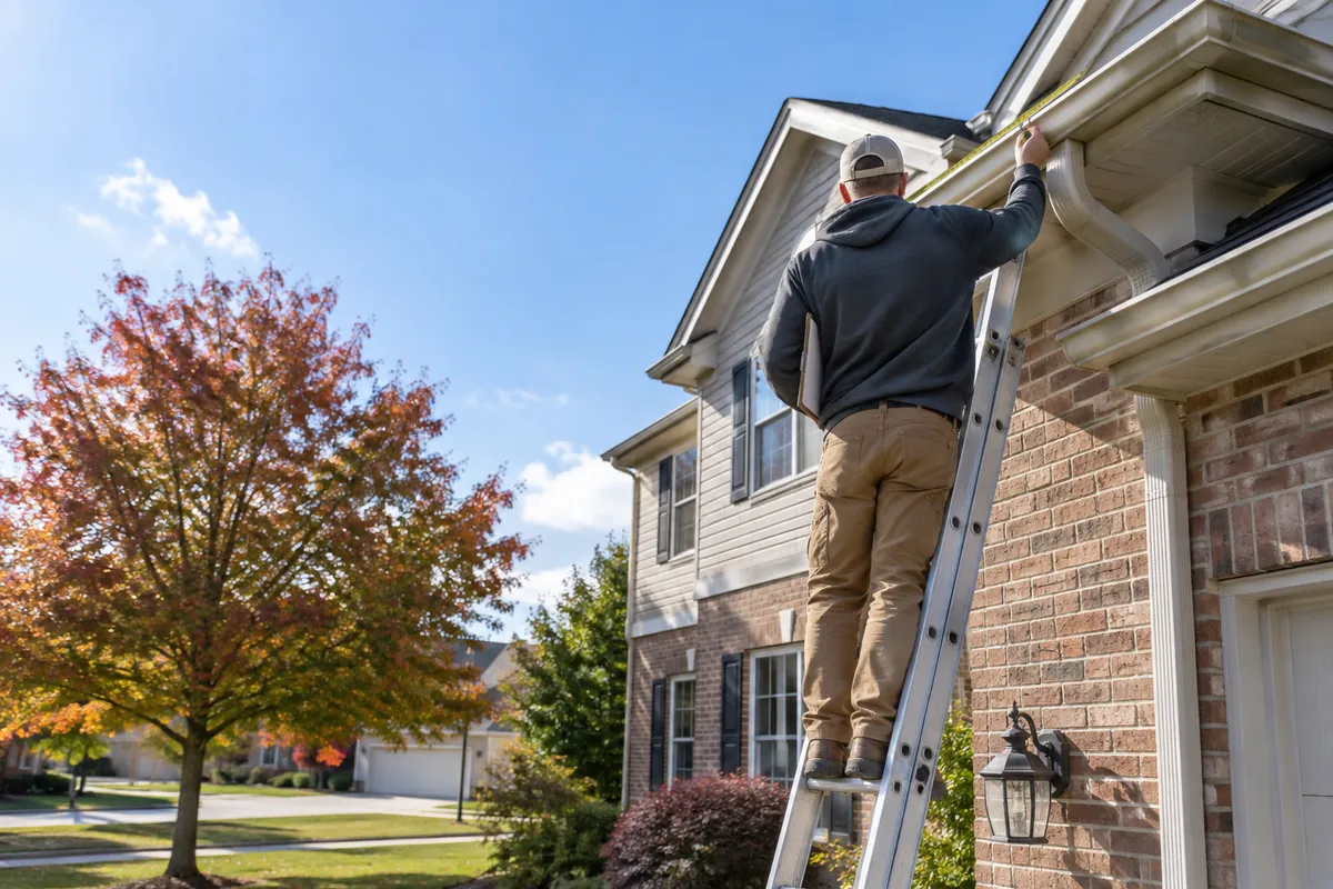 Contractor measuring a gutter run and checking fascia on an Overland Park home