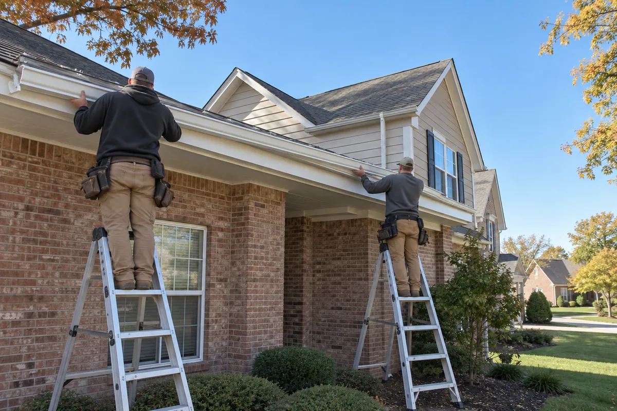 Seamless aluminum gutter run being hung on a home in Overland Park, Kansas with fascia visible