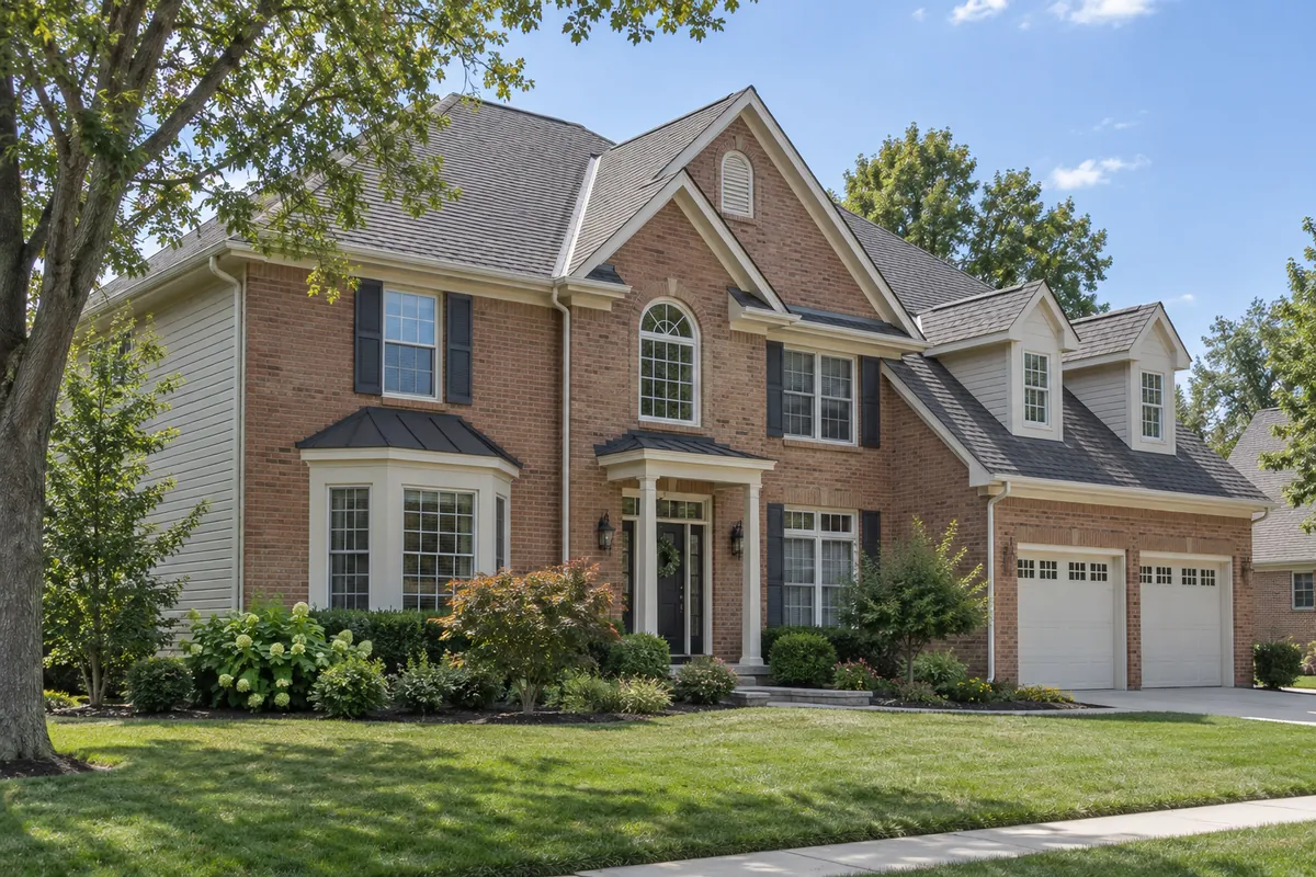 1990s two-story colonial in Blue Valley, Overland Park with multiple roof valleys